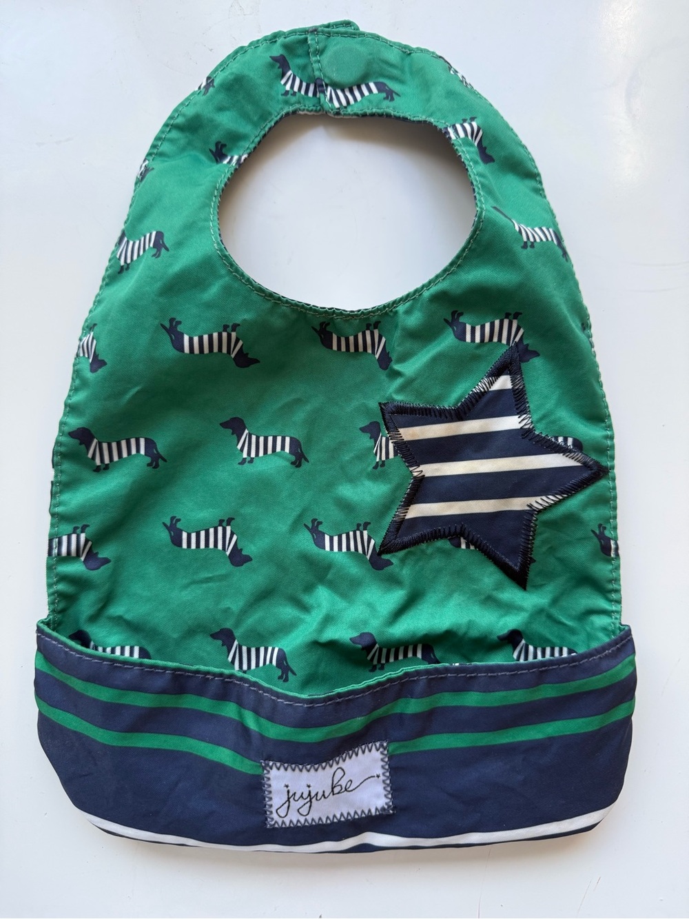 Ju-Ju-Be Green Bib with Navy Striped Star and Dachshund Print